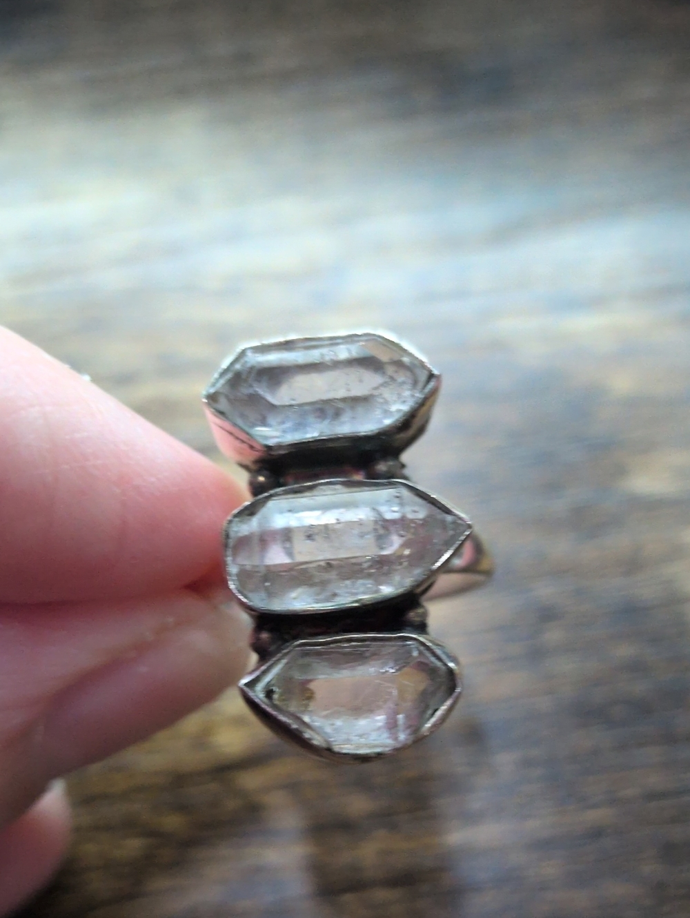 Sterling Silver Triple Raw Cut Herkimar Diamond Ring